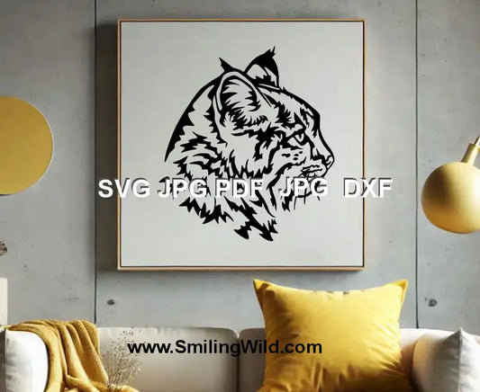 PNG image of bobcat face in profile – high-quality wild animal clipart in black color for printing and crafts