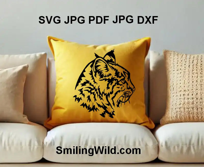 DXF vector file of a bobcat’s face profile – wild animal clipart for house and furniture decoration, decals and stickers, shown as a pillow iron on application