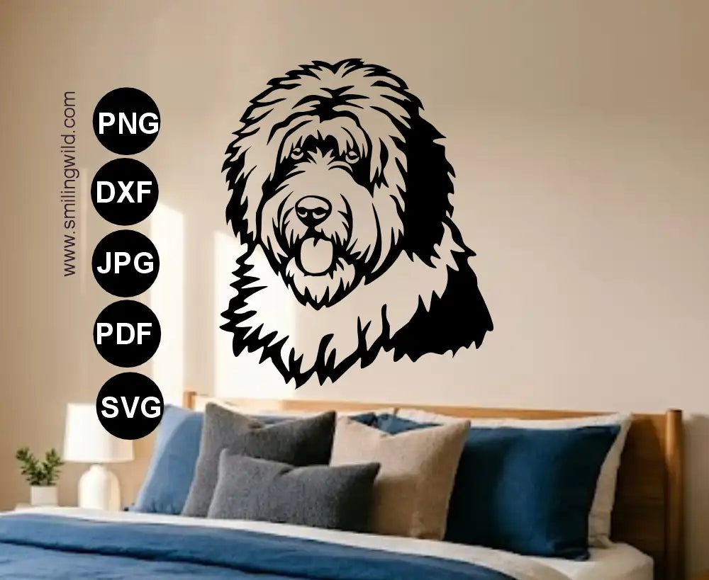 Technical vector drawing of bobtail dog head portrait in black lines with a transparent PNG background and dxf files visualized a a wall art design