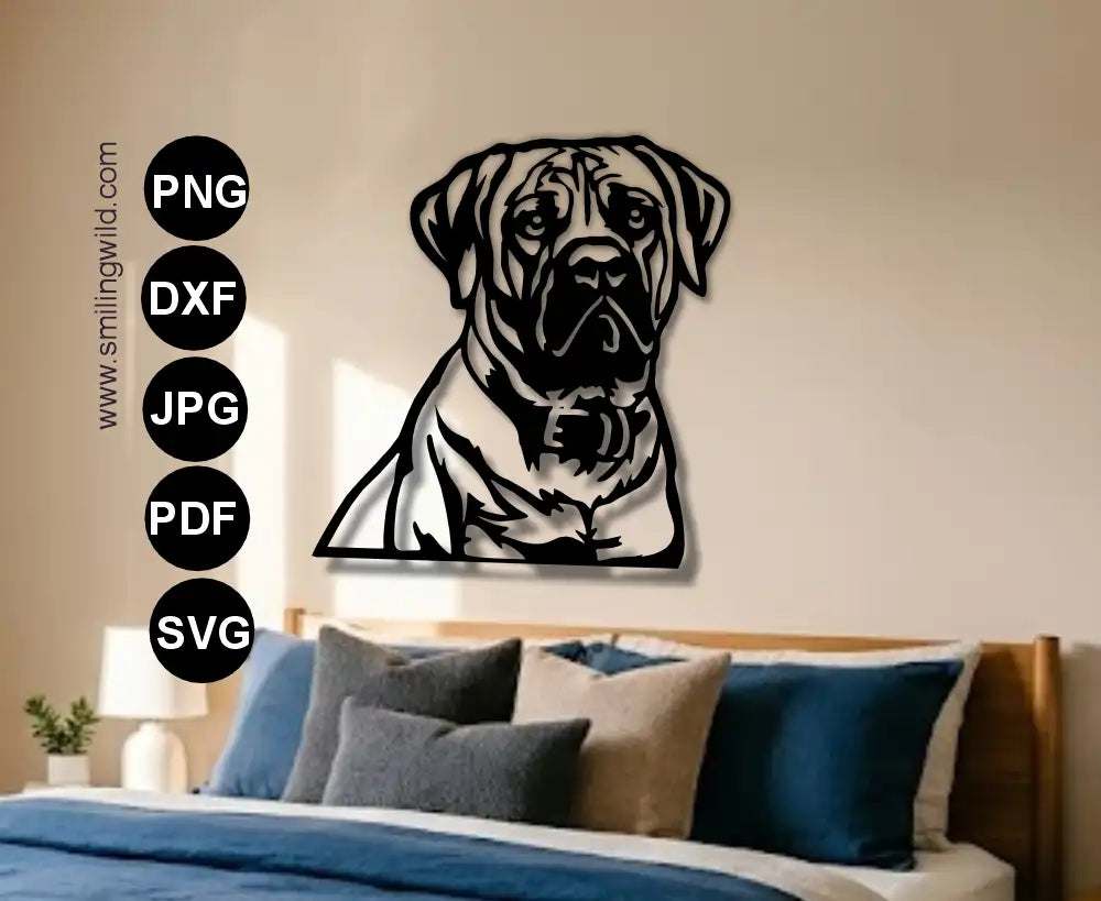 boerboel svg and dxf vector portrait presenting a single piece cutting file of this South african guard dog breed design for matal and wooden crafting art