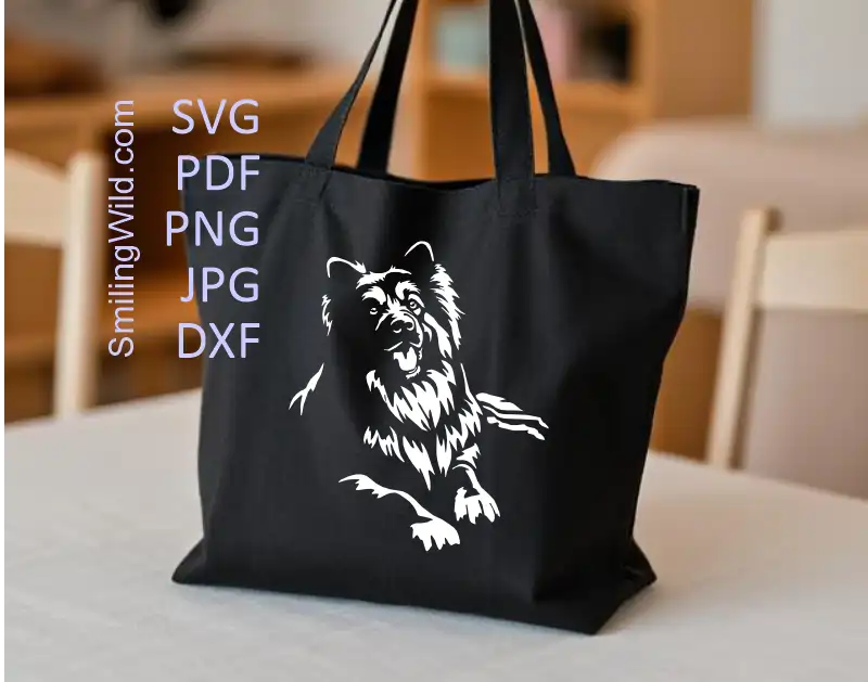 a tote bag featuring the Bohemian Shepherd dxf and png White Vector Clipart applied as a decal, emphasizing its clean lines and cuttable quality.