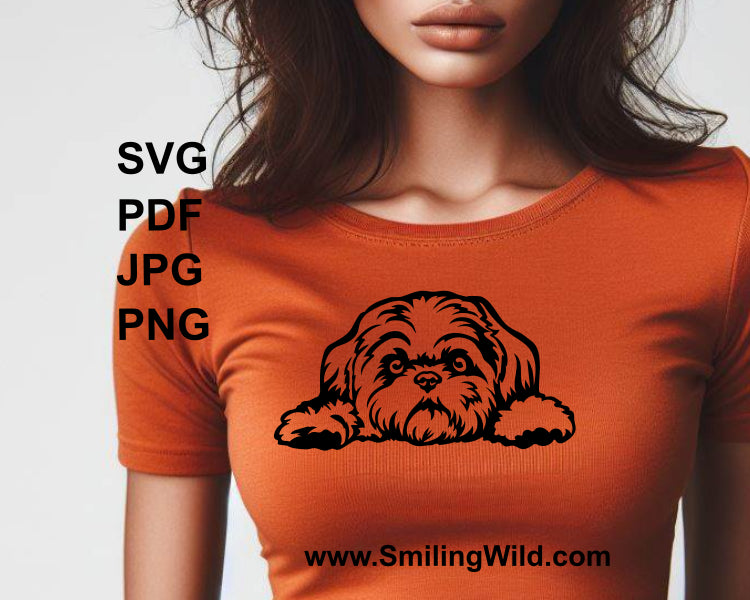 woman in t shirt with peeking bolonka zwetna on it