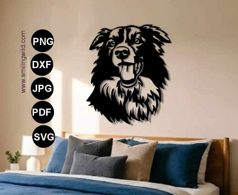 Border collie face with open mouth svg and dxf file represented as a single piece wall art decal file for metal and wooden signs.