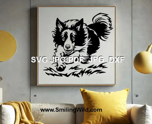 Detailed DXF design of a Border Collie in motion, ideal for laser cutting or engraving