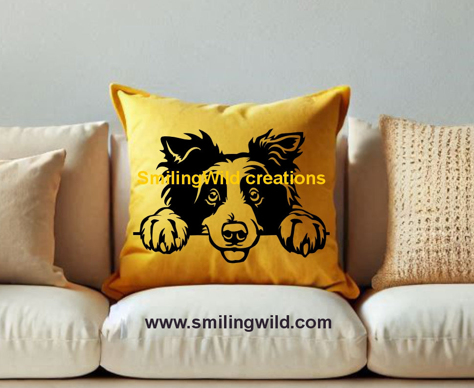 Border Collie peeking dog design in SVG, PNG, and DXF formats for crafting and engraving