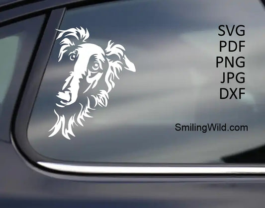 A car sticker presenting an Elegant Borzoi dog corner peeking white vector clipart PNG digital design for crafts