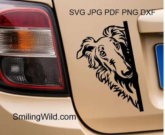 A car sticker of a Detailed Borzoi peeking around the corner - a hunting dog vector portrait cutting file for engraving and vinyl crafts