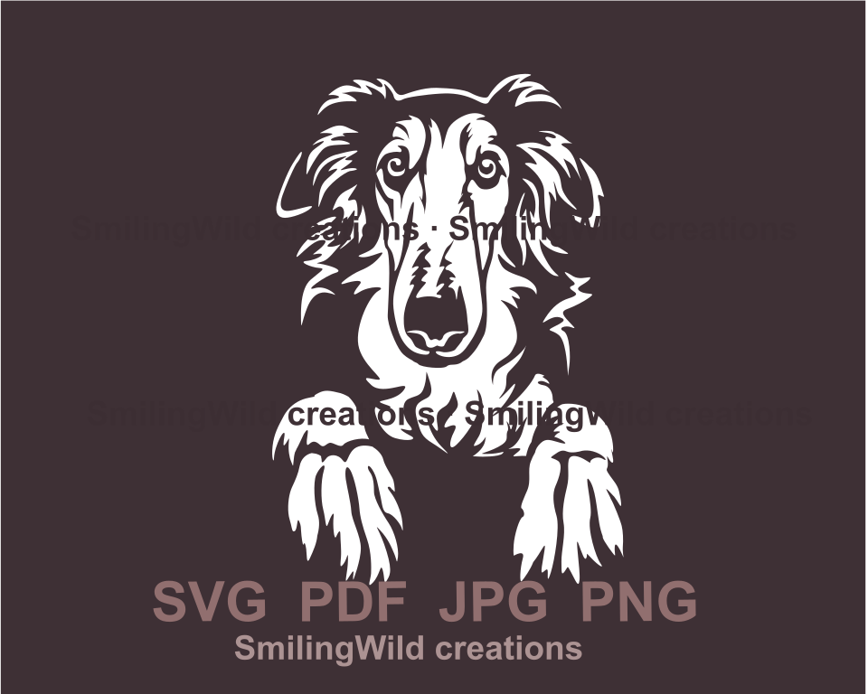 peeking borzoi vector face design in a white color on a brown background