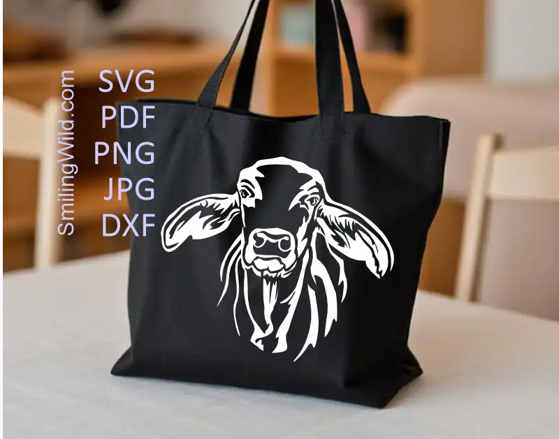 Preview of the svg, PNG and DXF files included in the Brahman Cow White Vector Art set, showcasing the white art options