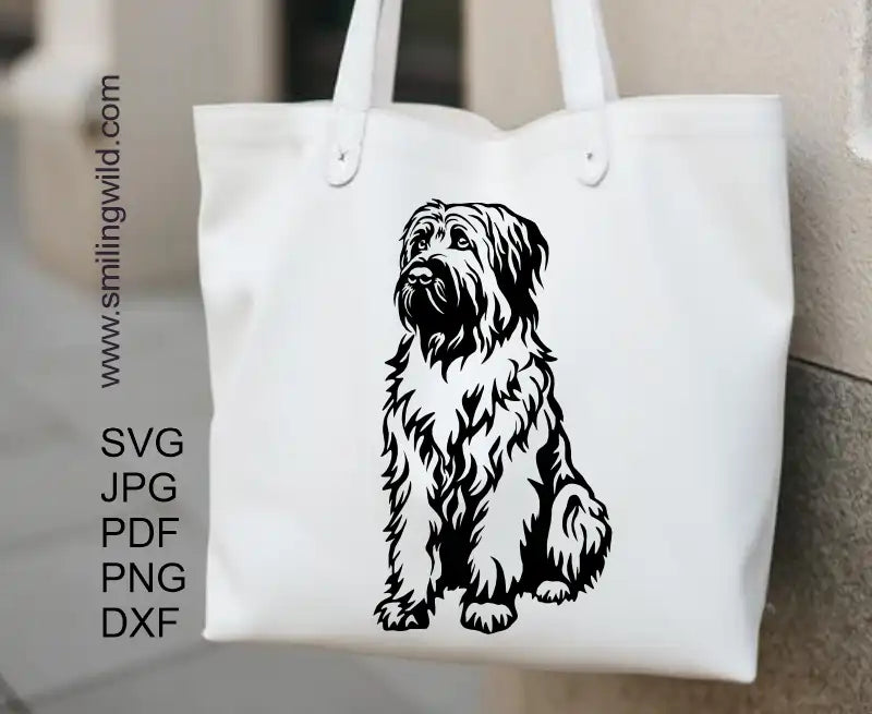 Image displaying a svg, png and dxf files Cipart cutting files of a briard dog sitting in 45 degree angle