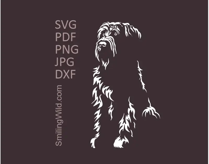 A sitting Briard Dog SVG vector graphic file in white. Minimalist French Sheepdog outline clipart, perfectly optimized for Cricut and laser cutting project