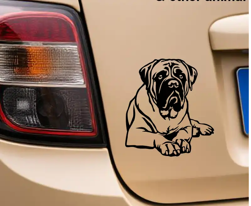 Black car sticker of a Bullmastiff dog clipart digital design in SVG and dxf format, optimized for Cricut and laser cutting projects, perfect for pet lover crafts and personalized gifts