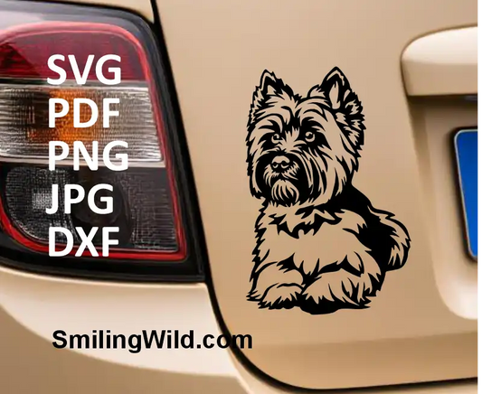 A car sticker showing a Cuttable Cairn Terrier dog clipart – Cricut vector file in SVG PNG DXF formats for crafting and engraving