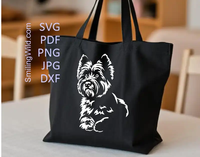 A tote bag application of a Cairn Terrier DXF PNG Cricut laser cutting clipart file for dog lovers crafting projects