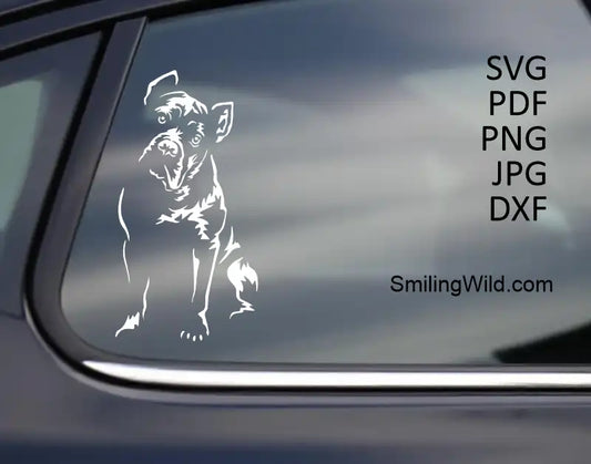 a car decal presenting a sitting Cane Corso dog vector graphic SVG PNG DXF cut file in white color for digital crafting and engraving