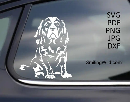 A car window sticker representing a Sitting Cavalier King Charles Spaniel white digital vector cuttable clipart for crafting machines