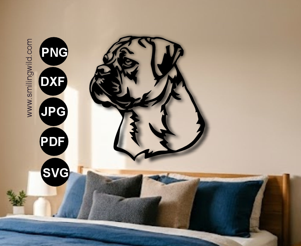 Visualization of the Continental Bulldog SVG and DXF vector clipart portrait as a black metal wall decor cut from a single piece cut file mounted on a light wall.