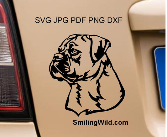 A continental bulldog head in SVG vector clipart cut file visualized as car decal