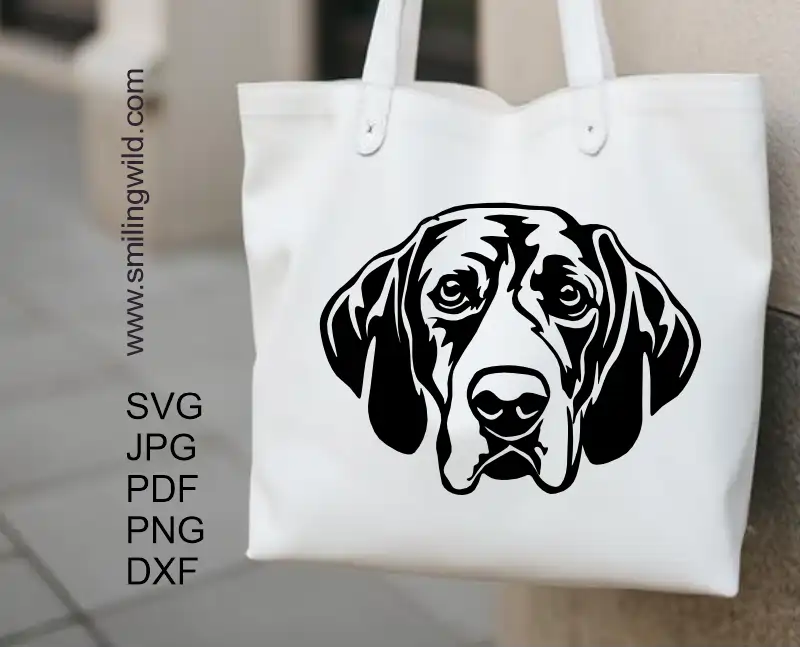 Coonhound dog svg vector graphic black head clipart cut file for digital crafting printed on a tote bag