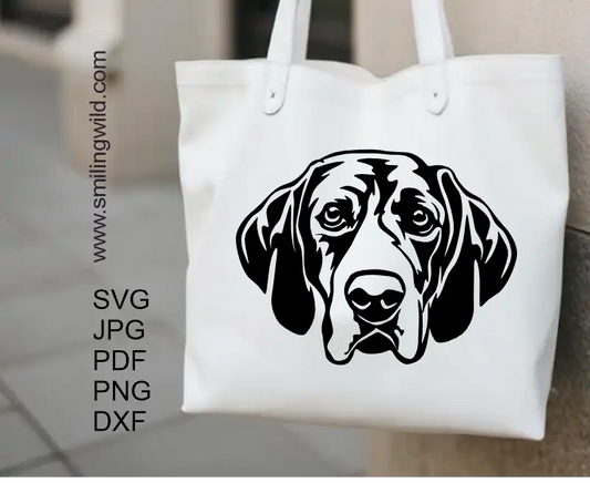 Coonhound dog svg vector graphic black head clipart cut file for digital crafting printed on a tote bag