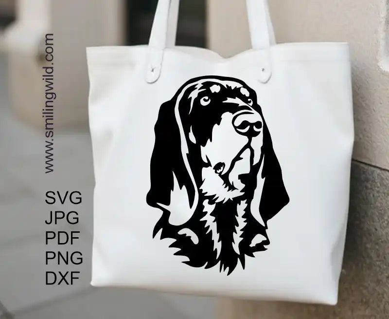 Preview of the cuttable svg, PNG and DXF files included with the Black & Tan Coonhound cutting files, showing the hunting dog portrait suitability for laser and engraving.