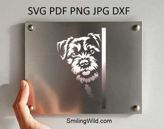 a metal decor with Corner clipart of a peeking Border Terrier head – engraving SVG PNG DXF file for pet craft designs
