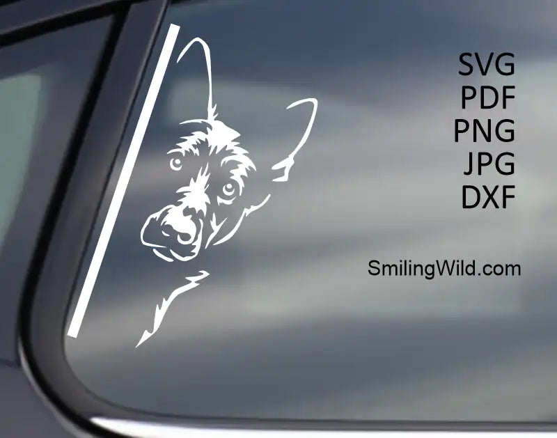 A white car sticker presenting a Corner peeking German Shepherd vector art SVG PNG DXF digital clipart for cutting and engraving