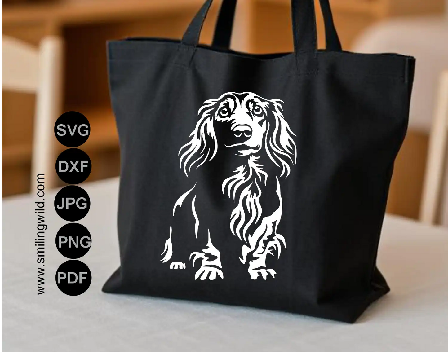 White Wiener dog SVG & png cut file for Cricut and vinyl decals showcasing a long haired dachsund frontal view