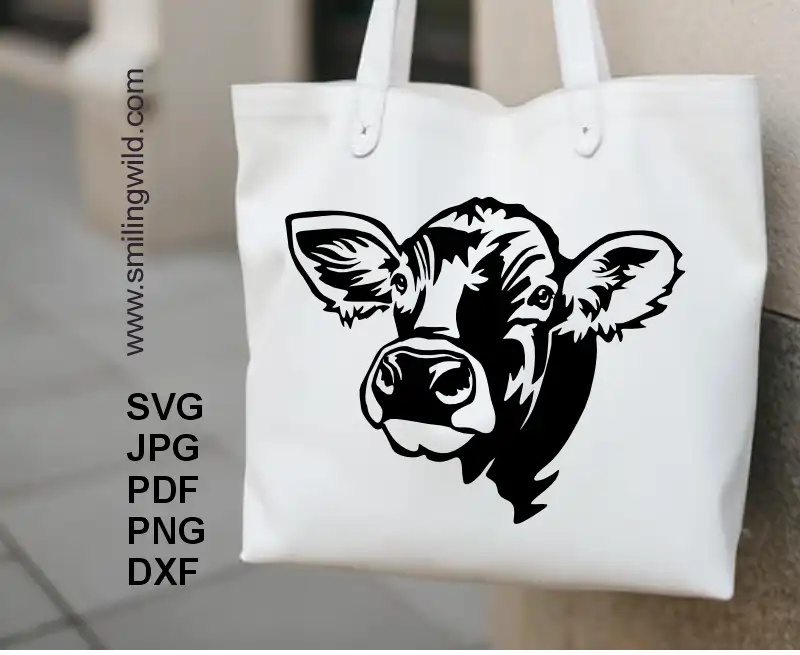 A tote bag with a decal of Dairy cow DXF – black vector file of Swiss Brown cattle for crafting machines