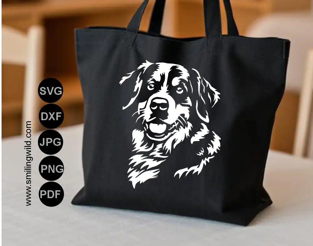 Realistic white bernese mountain dog portrait png and dxf clipart files for high-quality digital cutting design