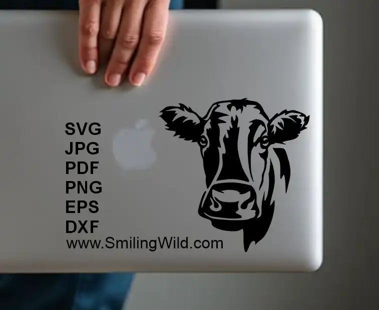 A laptop sticker image representing a Dexter cow svg and DXF cutting file for laser engraving and silhouette crafts