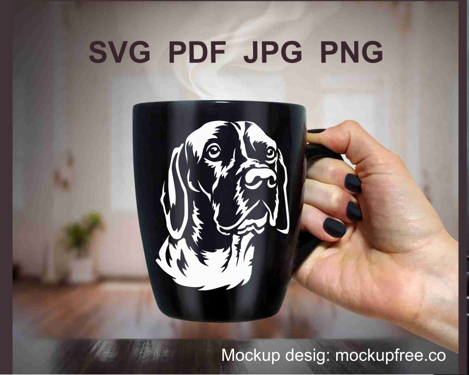 dog hunting clipart printed on a black mug showcases a vector grpahic portrait of an old danish pointer dog