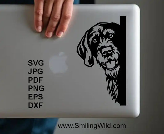 a preview image with laptop cover design - Dog peeking around the corner – German Wirehaired Pointer DXF cut file for laser cutting machines