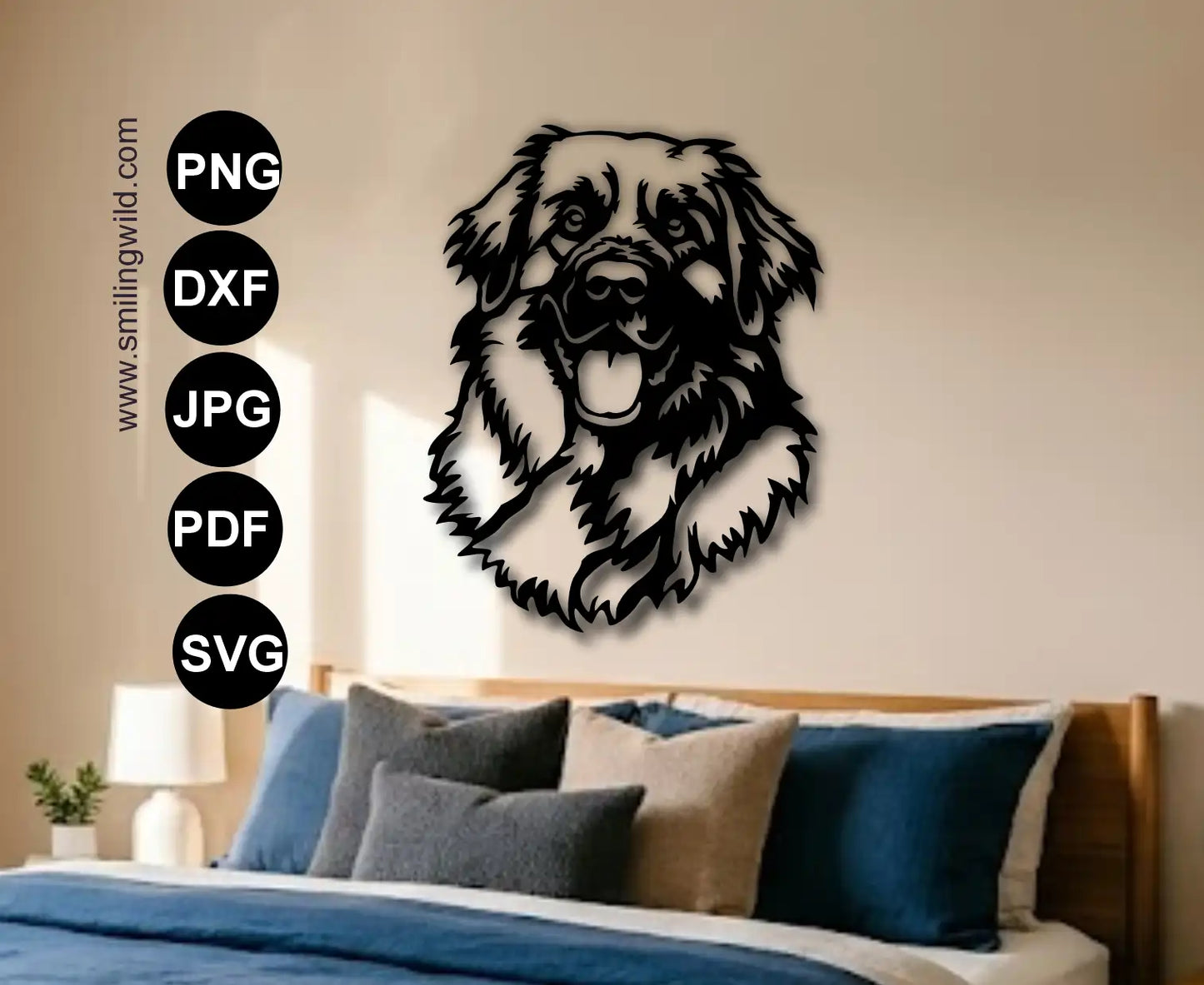 High-fidelity dog metal art one piece wall art preview showcasing the intricate head portrait of Leonberger in DXF format for CNC plasma tracking.