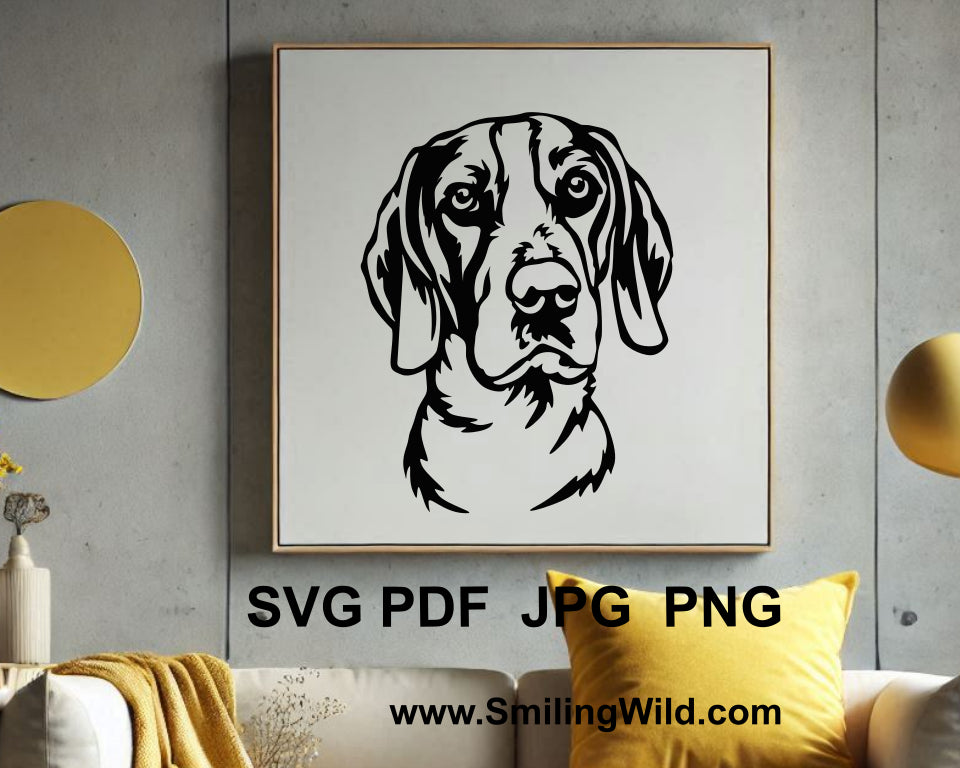 A Dunker dog portrait SVG file designed for laser cutting, ideal as rustic wall decor for hunting lodges
