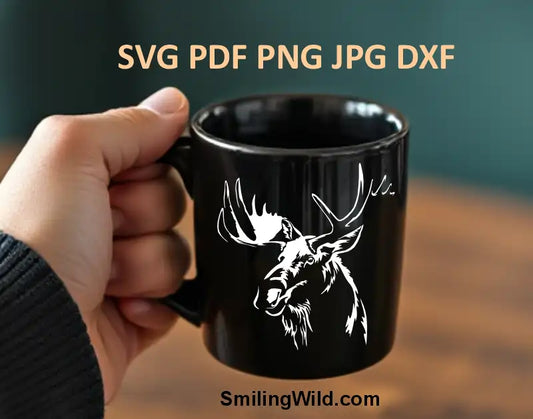 Elk white png and DXF vector clipart application on the black mug for printing, engraving and Cricut cutting
