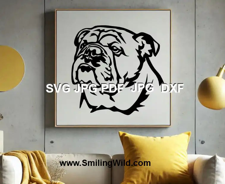 English Bulldog DXF head vector – for Silhouette cutting and engraving machines used in sample image as a wall art decal