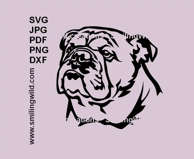 English Bulldog SVG head portrait – black dog vector for Cricut and laser engraving.