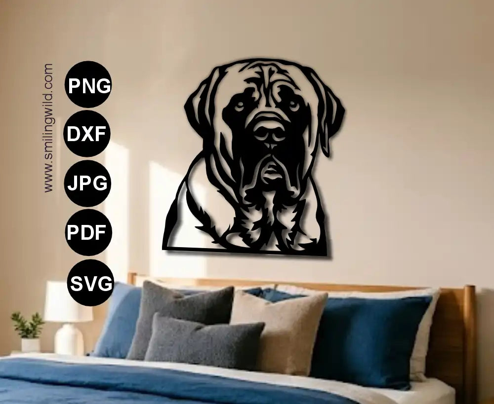 A visualisation of a black metal-style wall decor of a dog's head presenting English mastiff svg and dxf single piece cut files for metal and wood CNC and laser works