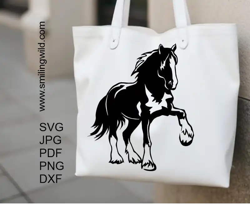 Equestrian black Shire horse clipart crafted as a tote bag design advertise SVG, DXF, PNG – vector design for laser and vinyl cutting