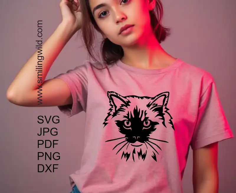 girl's t shirt with Feline vector clipart of black Ragdoll cat head – SVG, DXF cut file for Cricut and engraving