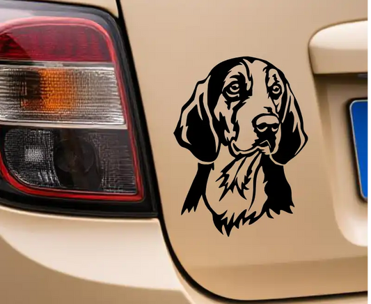 Finnish Hound Dog SVG, PNG, DXF black clipart, hunting dog portrait placed on a mockup for car window decal, Cricut, laser cutting, canine decor