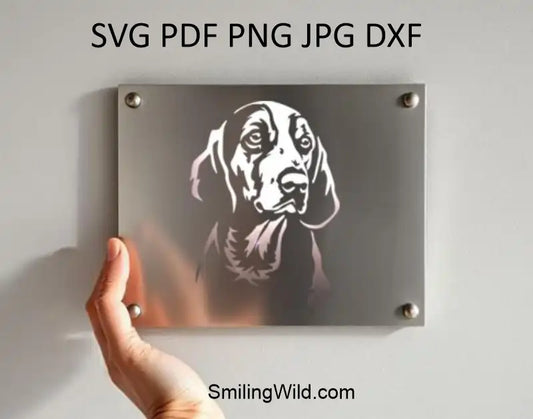 Finnish Hound Dog SVG, PNG, DXF white clipart, hunting portrait mockup for metal plaque effects, Cricut, laser cutting, canine decor