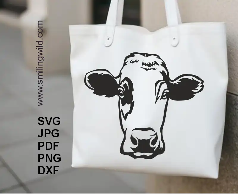 Farm animal decal on a tote bag representing Fleckvieh cow black clipart digital design for laser and Cricut projects