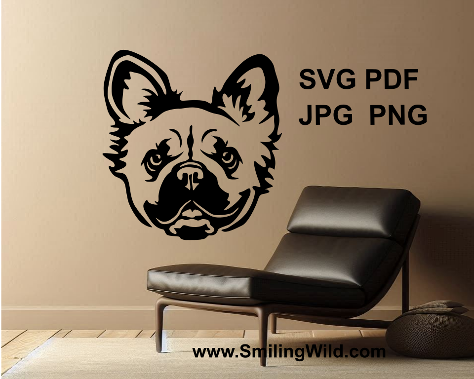 fluffy french bulldog face applied on a wall as a vector digital application