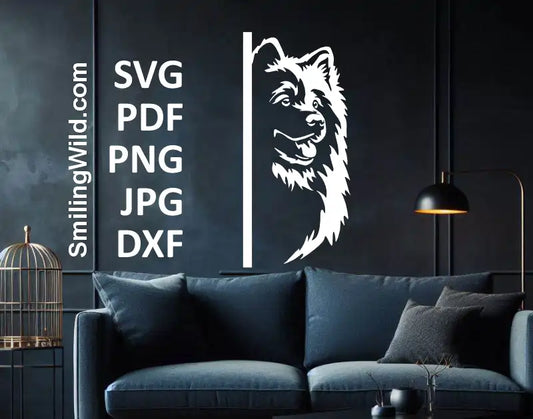 Fluffy Samoyed vector head in a playful peeking pose – high-resolution DXF for dark surface crafts