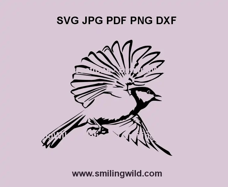 SVG, png dxf black vector drawign of a flying Chickadee bird for laser cutting and Cricut projects