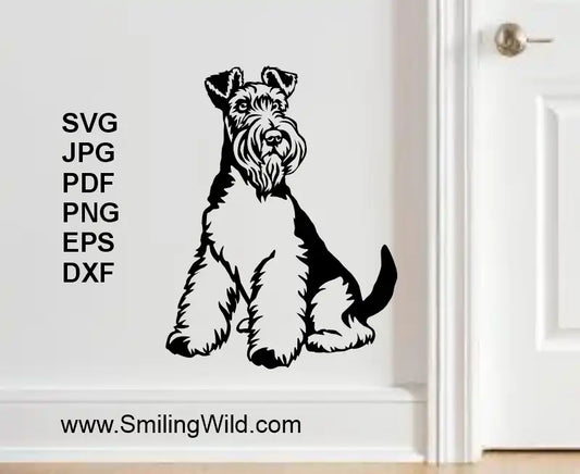 Black fox terrier dog vvinyl decal cutting illustration: svg and png on a white wall with file format options .
