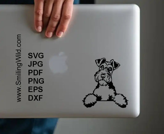peeking Fox Terrier SVG black clipart on a mockup for laptop sticker, Cricut, laser cutting, pastoral canine crafts