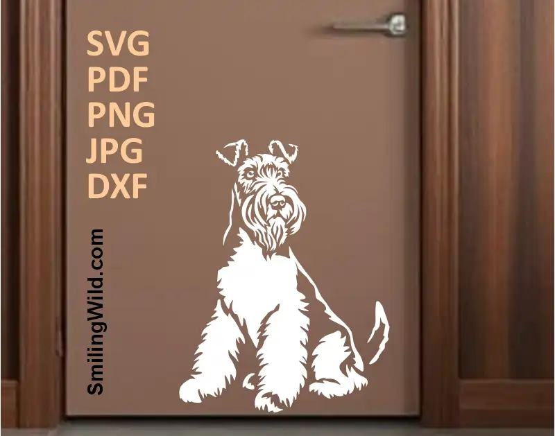 Fox Terrier Dog SVG, PNG, DXF white clipart, wire-haired sitting full body mockup for wall sticker designs, Cricut, laser cutting, hunting canine crafts
